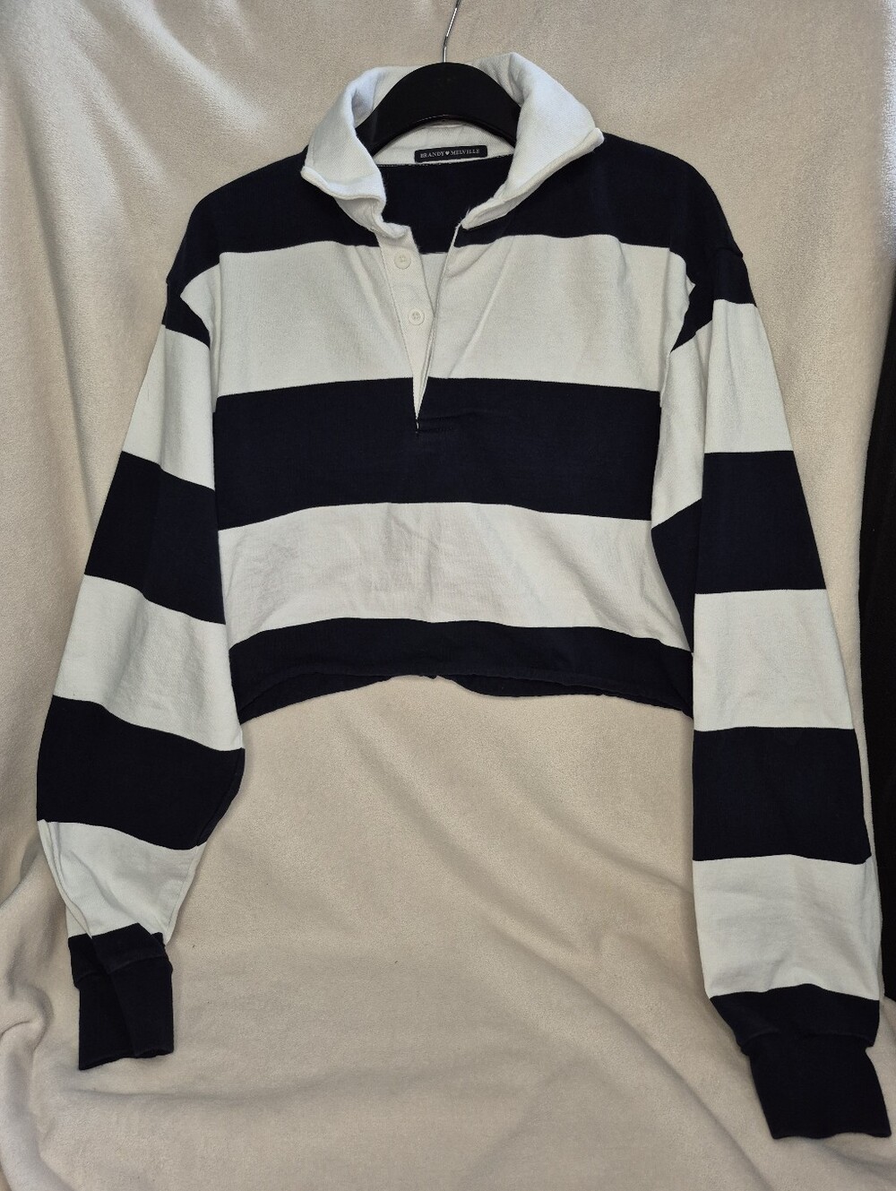Brandy Melville 100% Cotton Navy & White Striped Rugby Top, Boxy Crop Fit